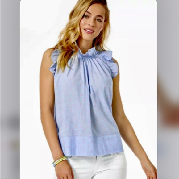 BNWT Lilly Pulitzer Kirsten Top. bluebell chambray/neon pink clip dot. Sz XL - Picture 5 of 5